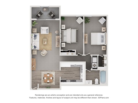 Floor plan for 2 beds, 1 bath, 921 sqft